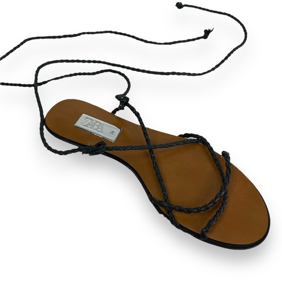 Black Zara Braided Leather Flat Tie Up Sandals Women’s Size 7.5 - Picture 3 of 12